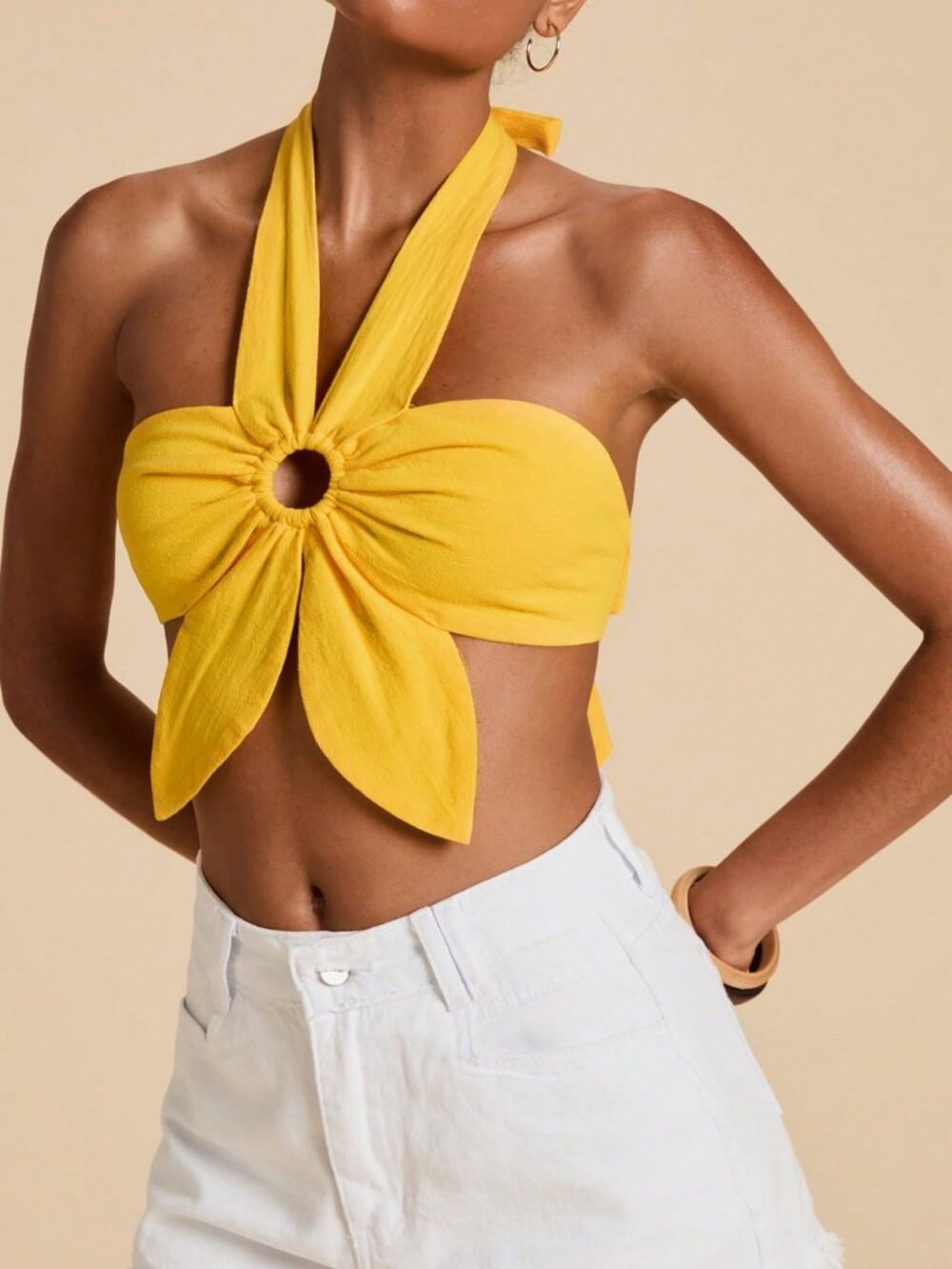 Yellow Sexy Women's Flower Halter Neck Tie Backless Top - Picture 4 of 4